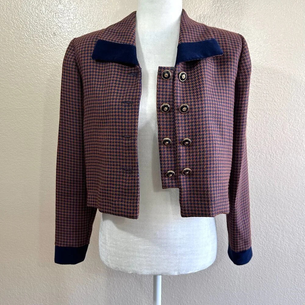 Jessica Howard Vintage 90s Houndstooth Blue/Tan Crop Blazer